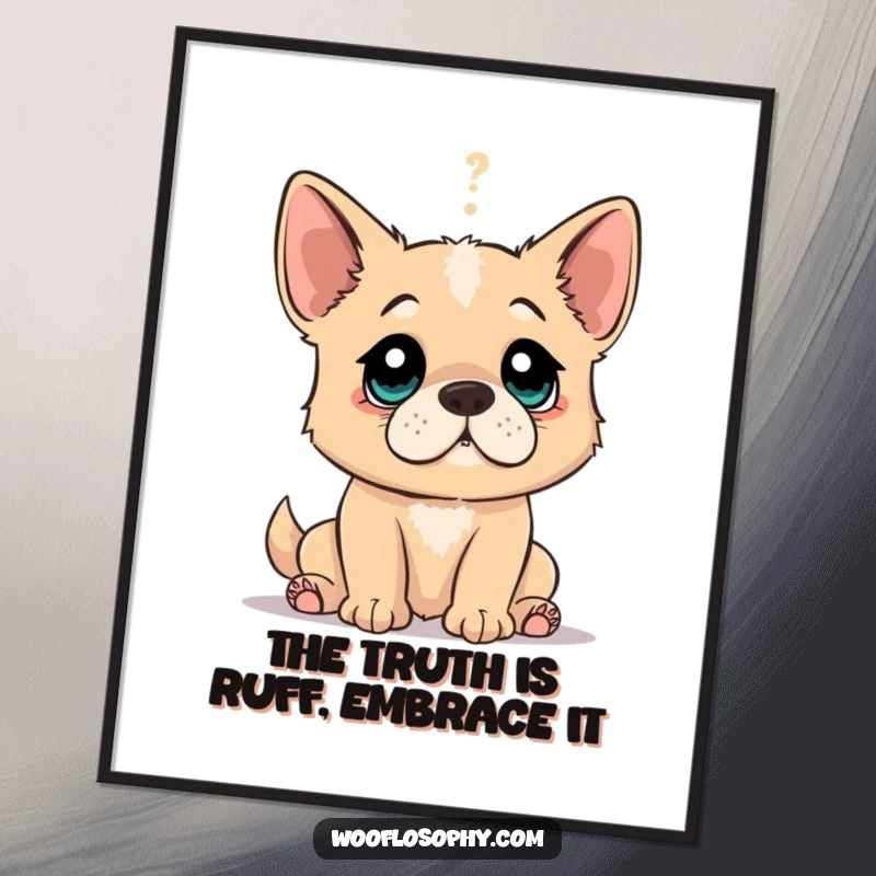Funny free printable wall art: A dog with comically wide eyes, having just discovered a profound and hilarious truth about life, the universe, and kibble.