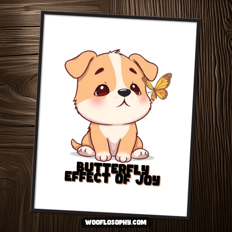 Funny Free Printable Wall Art: Dog with calm expression watches a butterfly flutter by, embodying peace for downloadable art.