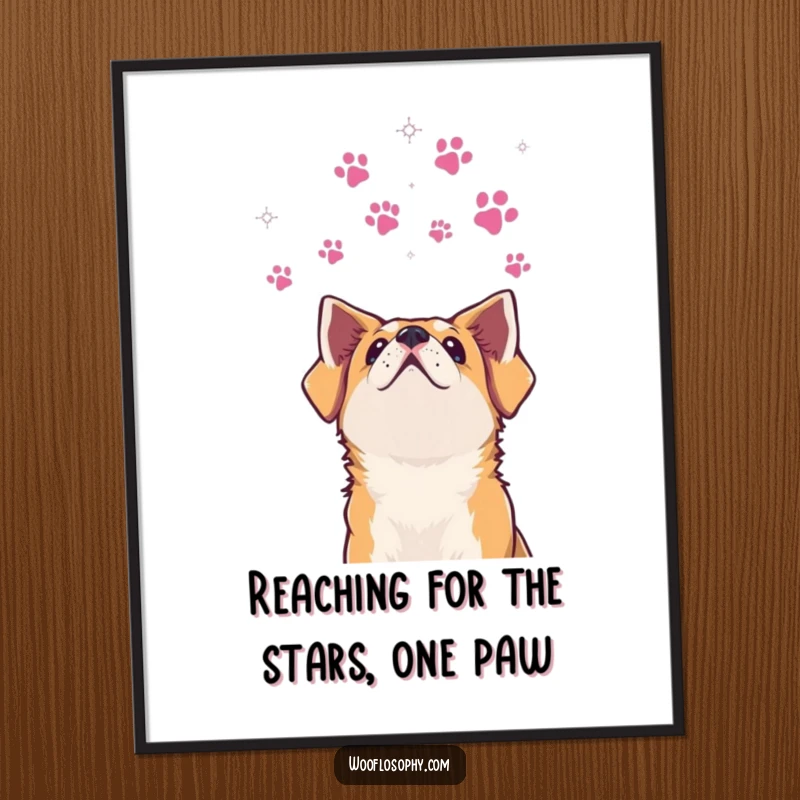Funny Free Printable Wall Art: Dog looking up at a night sky filled with a constellation of paw prints, dreamy digital art.
