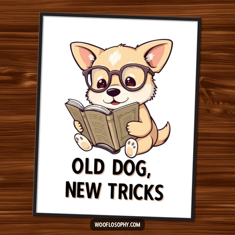 Funny Free Printable Wall Art: Dog wearing spectacles reads a very old book, looking studious for downloadable art.