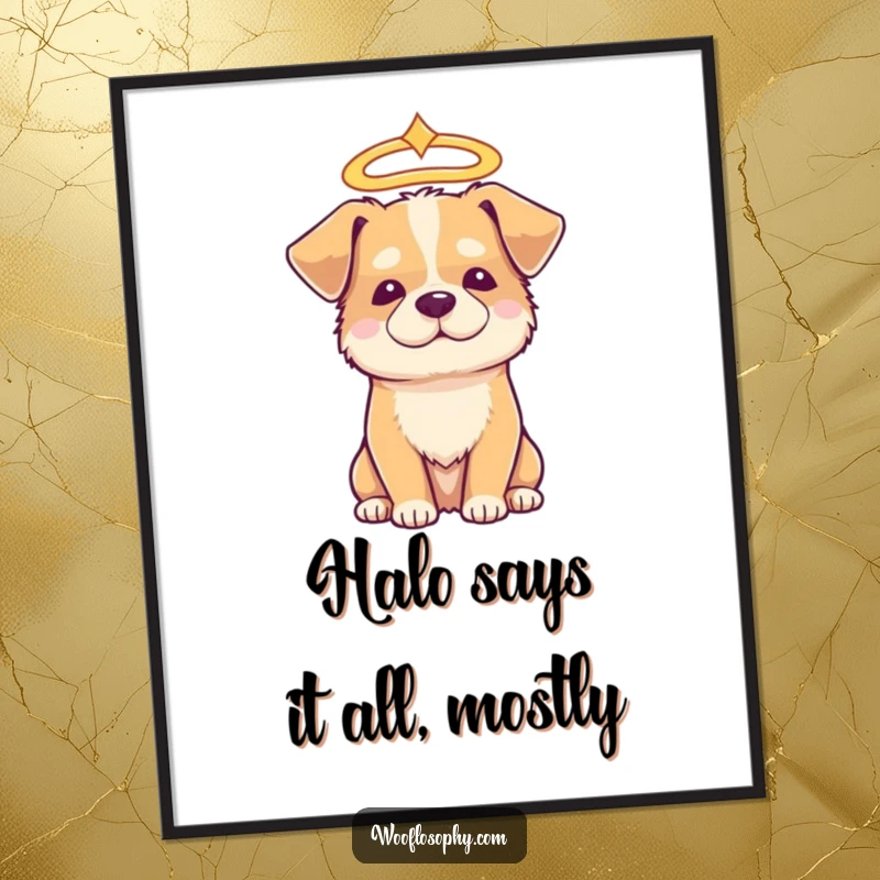 Funny Free Printable Wall Art: A serene dog wearing a glowing halo looks down with ancient, gentle wisdom.