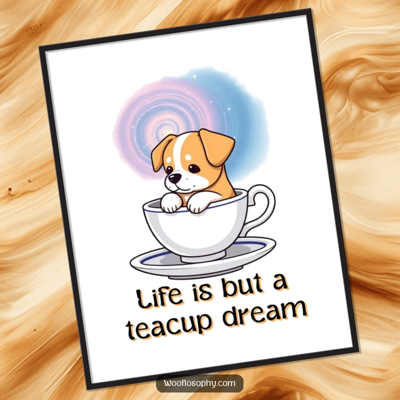 Funny Free Printable Wall Art: Dog contemplates the vastness of a swirling galaxy contained within a delicate teacup.
