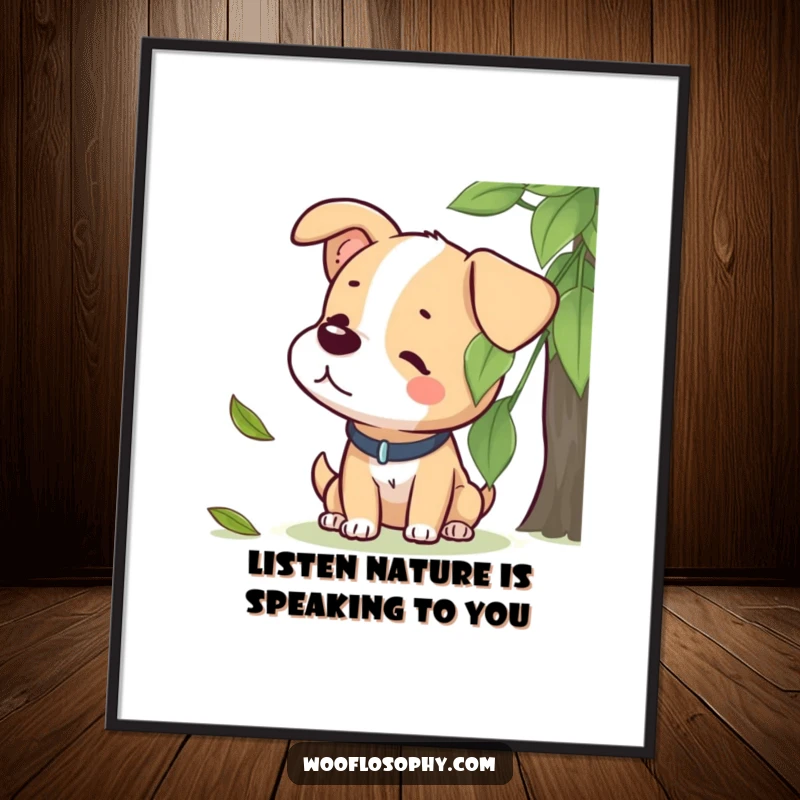 Funny free printable wall art: A dog character sits with rapt attention, listening to the gentle descent of a single leaf.