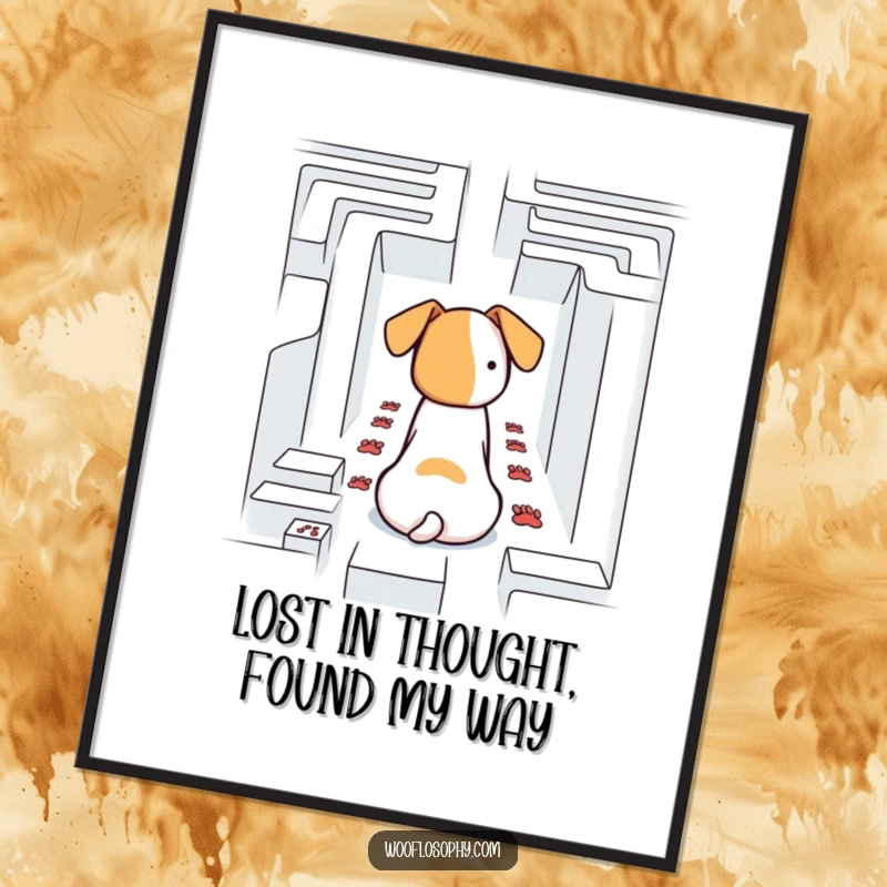 Funny Free Printable Wall Art: A dog sits staring intently at a maze, paw prints scattered, contemplating the journey.