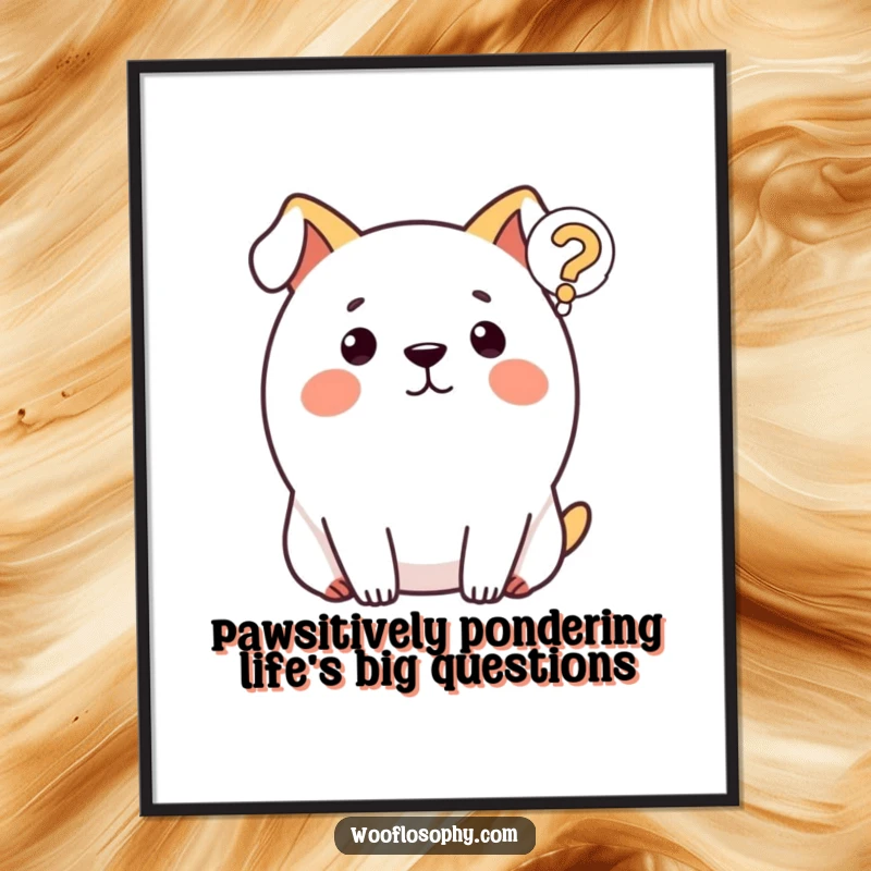 Funny Free Printable Wall Art: A round dog stares thoughtfully at a floating question mark, digital download art.