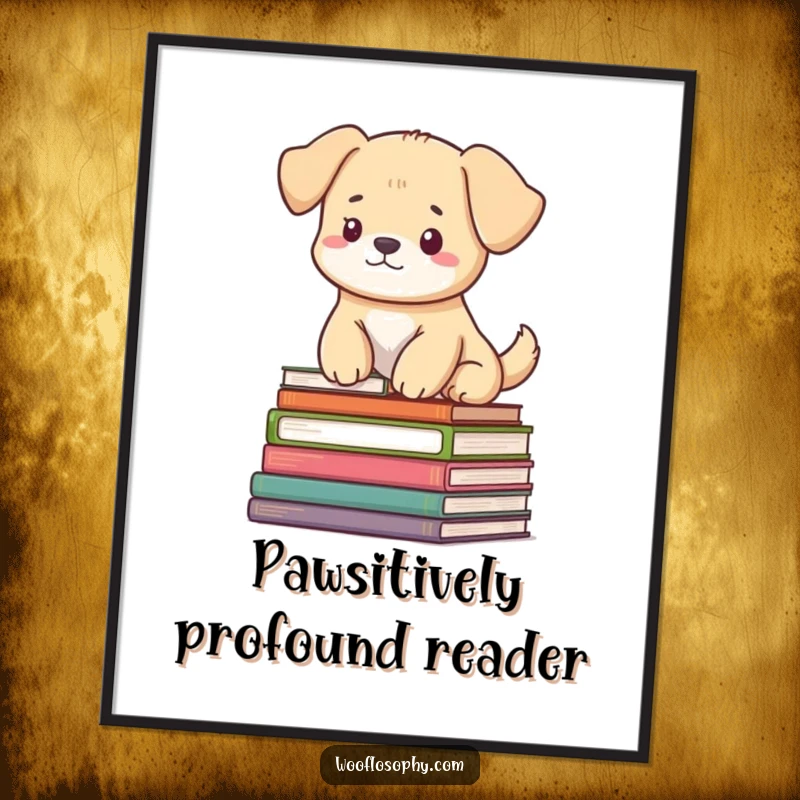 Funny Free Printable Wall Art: A dog sits peacefully on a large pile of books, radiating serene wisdom and intellectual calm.