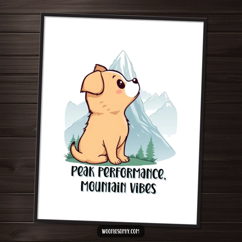 Funny Free Printable Wall Art: Dog looking up at a vast, misty mountain, capturing a sense of wonder and exploration.