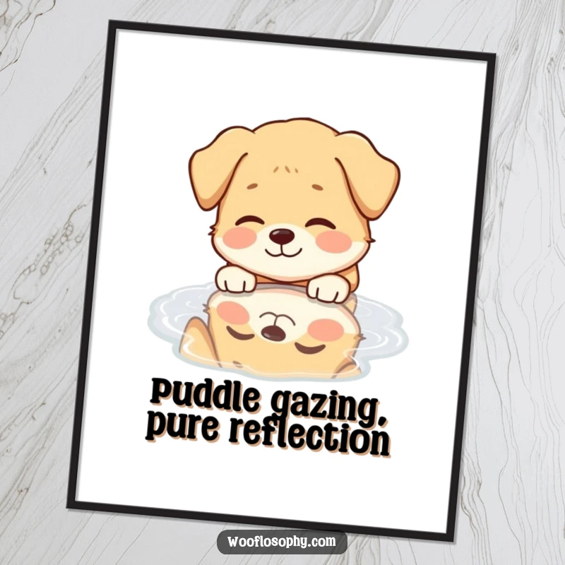 Funny Free Printable Wall Art: Dog with a serene smile gazing into a puddle at its own reflection, a humorous DIY art piece.