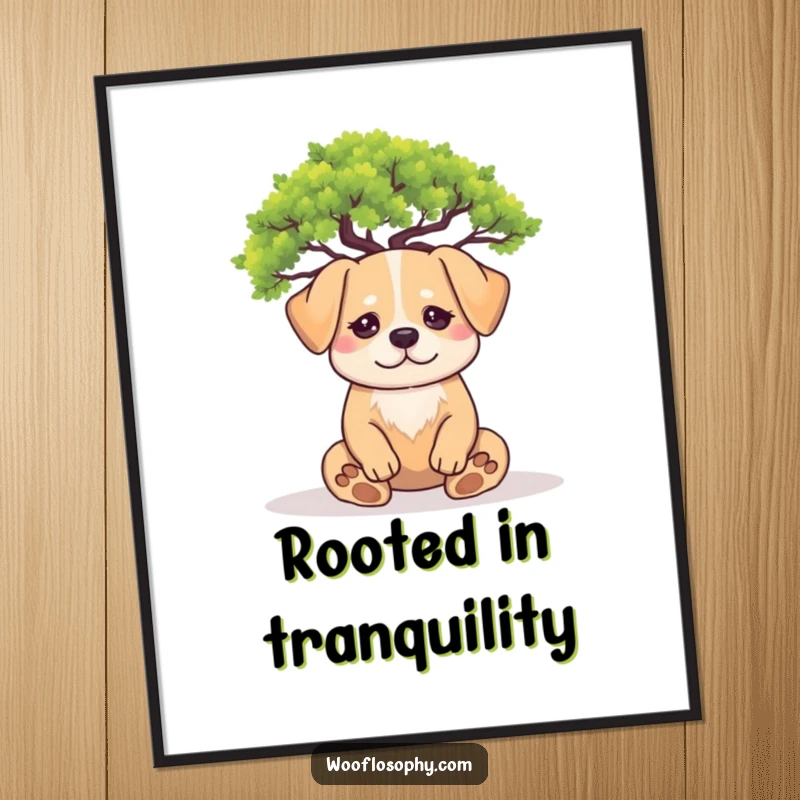 Funny free printable wall art: A dog sits peacefully under a miniature tree, meditating with eyes closed and a calm expression.