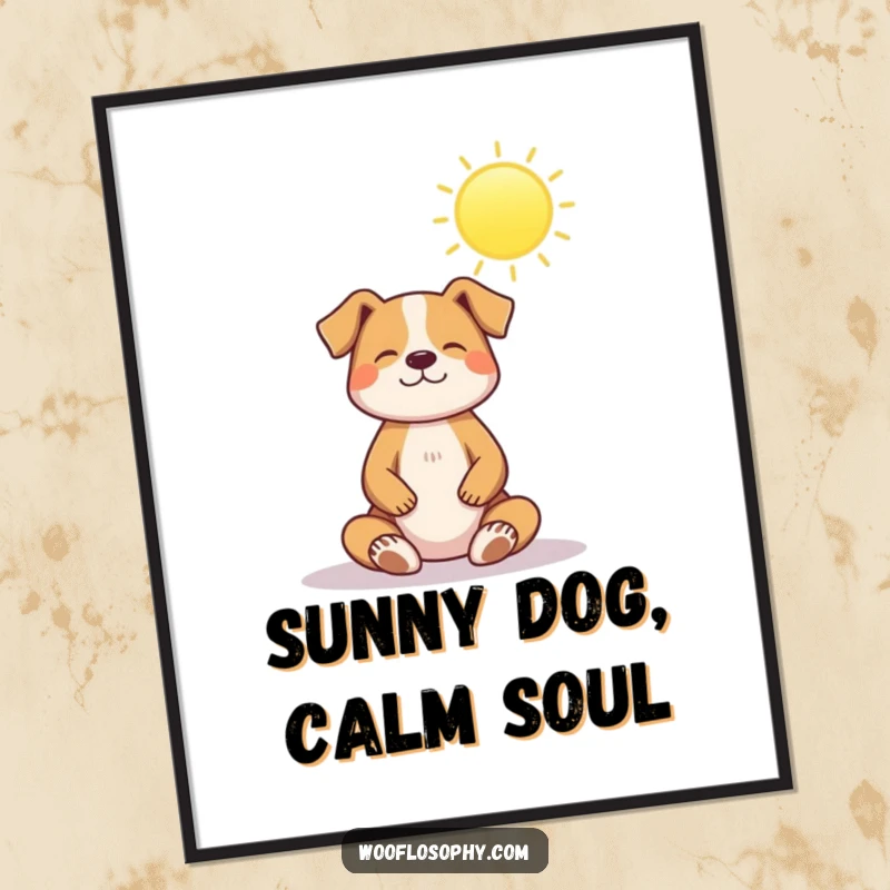 Funny Free Printable Wall Art: A dog meditates in perfect peace under a warm, shining sun, symbolizing ultimate relaxation.