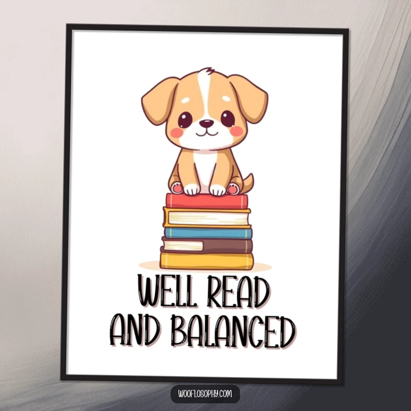 Funny Free Printable Wall Art: A dog looking serene and balanced on a small stack of books, downloadable art.