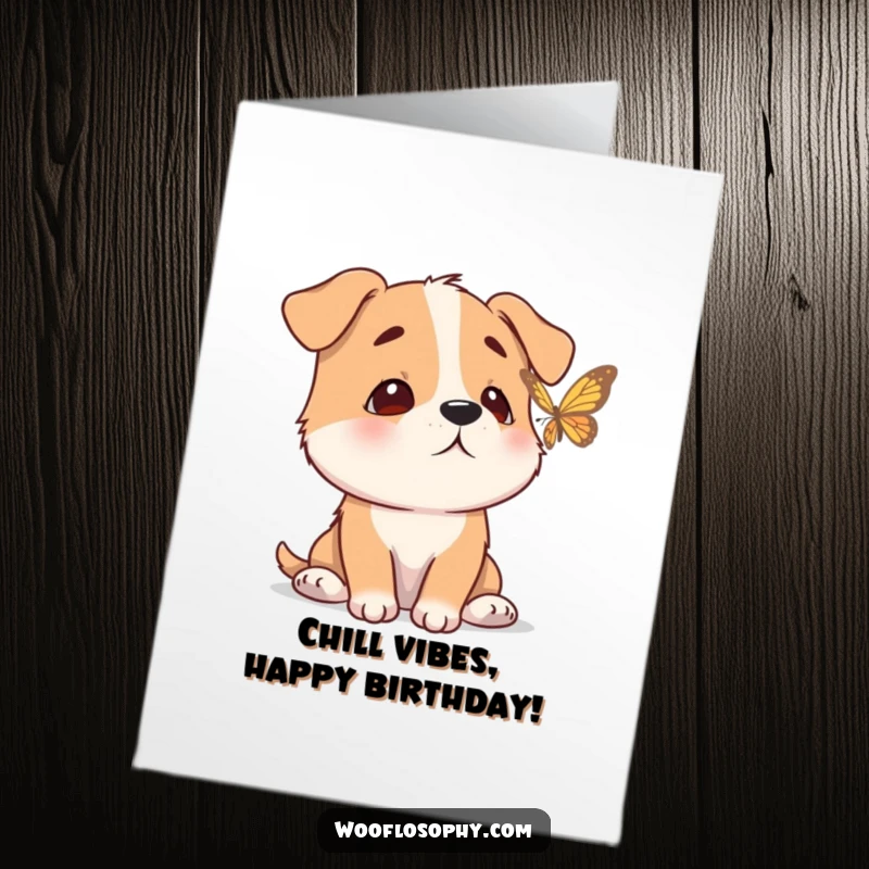 Funny Free Printable Birthday Card: Dog with calm expression watches a butterfly flutter by, embodying peace for a downloadable gift.