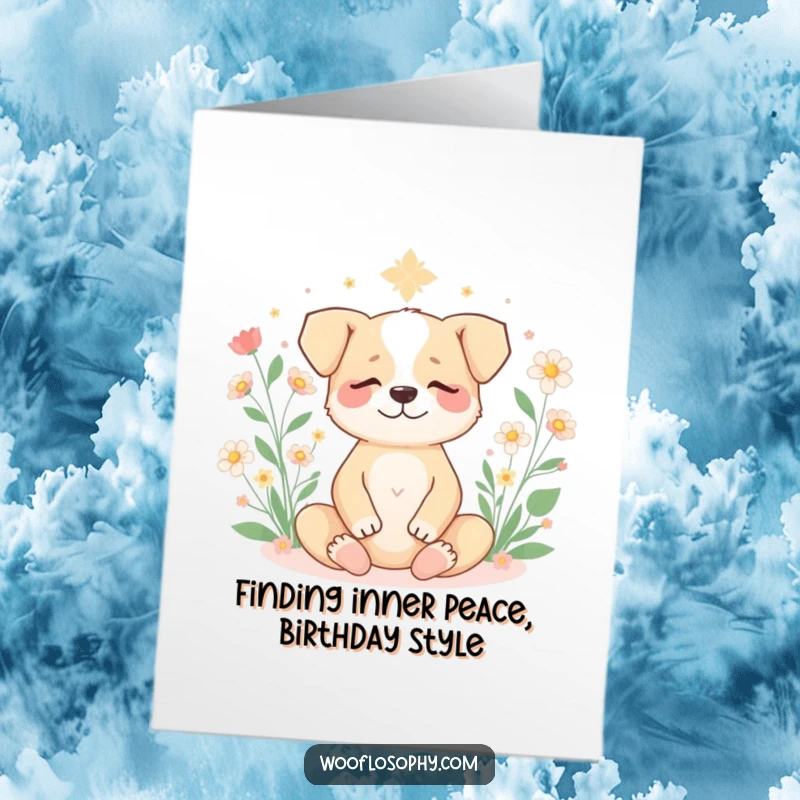 Funny Free Printable birthday card showing a dog meditating peacefully with flowers blooming around its head.