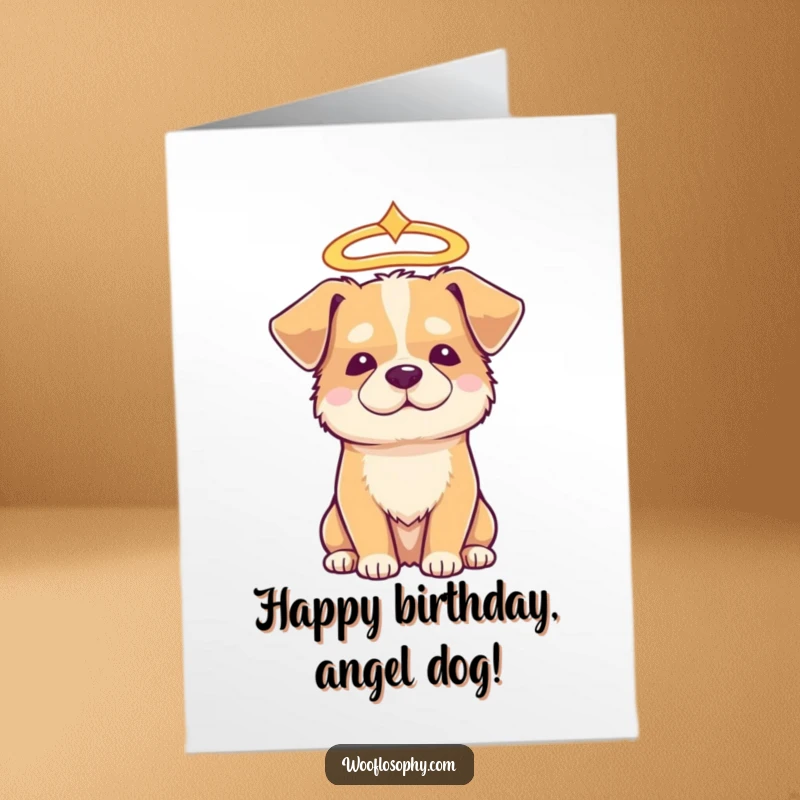 Funny Free Printable Birthday Card: A dog adorned with a glowing halo looks peaceful and incredibly wise.