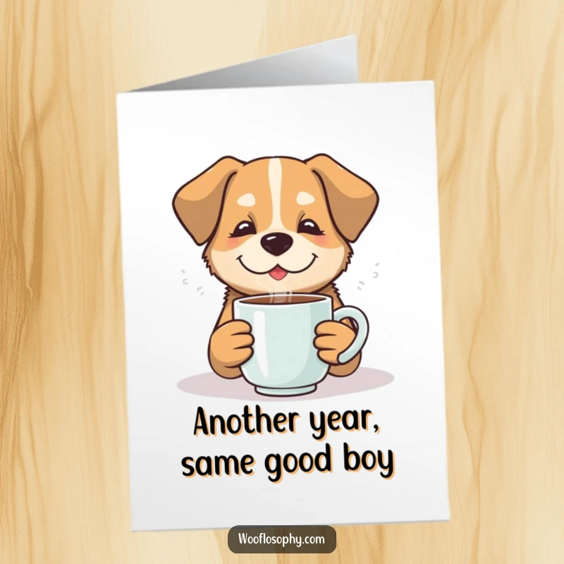 Funny Free Printable Birthday Card featuring a contented dog holding a steaming mug, radiating warmth and happiness on their special day.