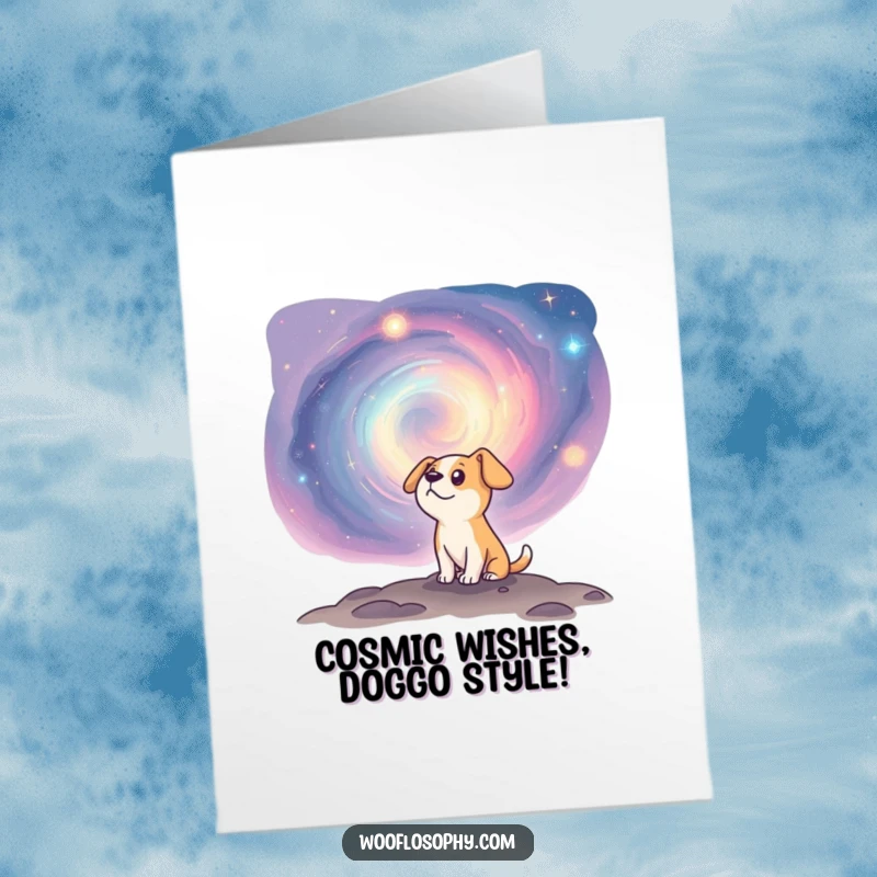 Funny Free Printable Birthday Card featuring a curious dog gazing wide-eyed into a vibrant, swirling cosmic nebula, ready for adventure.