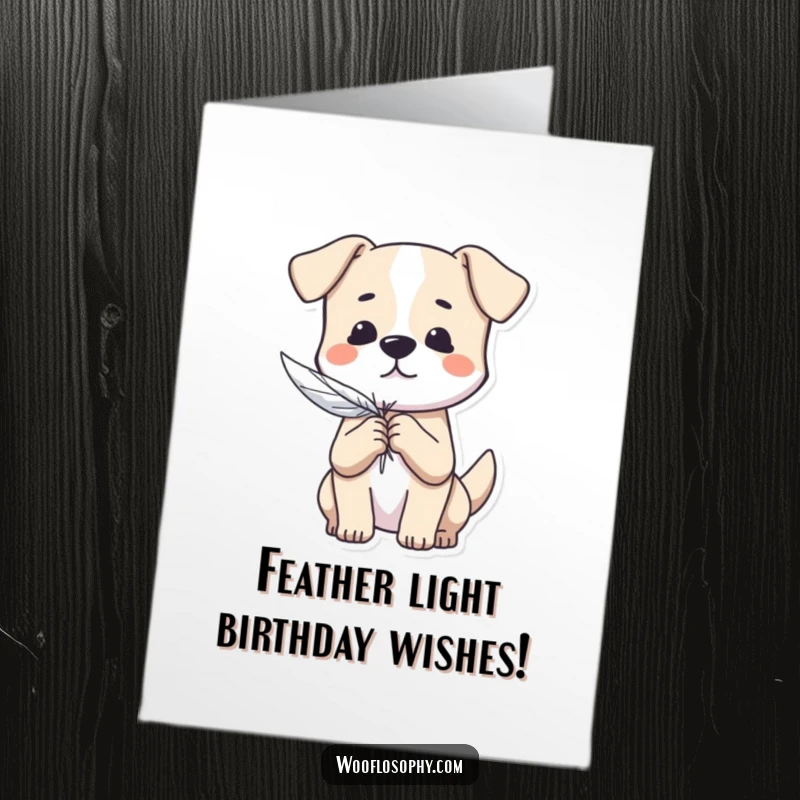 Funny Free Printable Birthday Card: Dog gently holding a feather, symbolizing lightness of being, a peaceful DIY greeting.