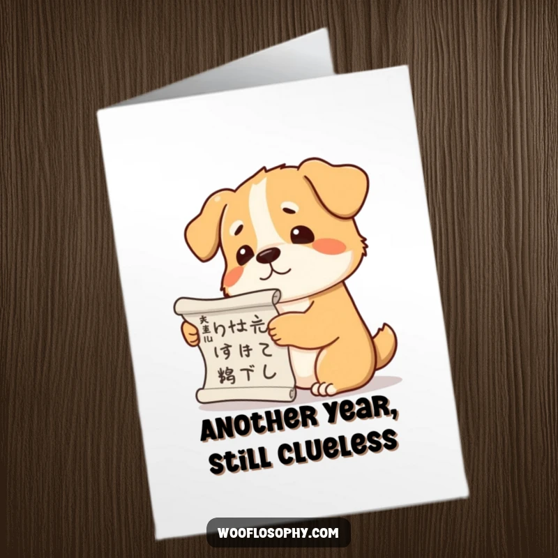 Funny Free Printable Birthday Card: A dog scratching its head, holding a philosophical scroll, pondering life.