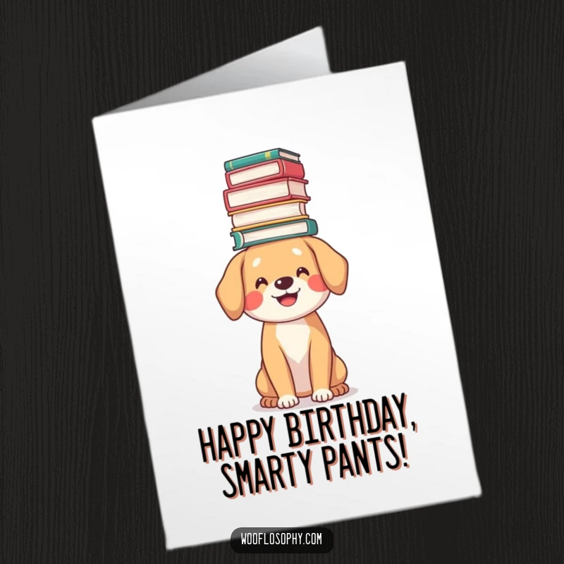 Funny Free Printable Birthday Card: Smiling dog perfectly balances a tall stack of books on its head.