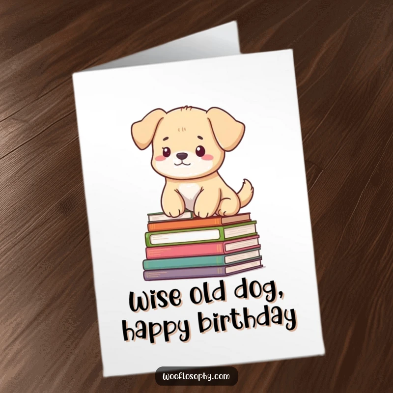 Funny Free Printable Birthday Card: A dog sits serenely atop a stack of books, embodying wisdom and calm.