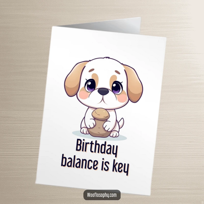 Funny Free Printable Birthday Card: Dog with a tiny, serene rock perfectly balanced on its nose, looking peaceful.