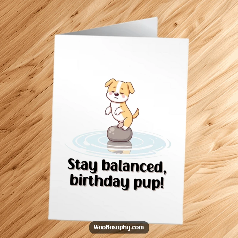 Funny Free Printable dog gracefully balancing on a subtle ripple in a pond, perfect for a birthday card.