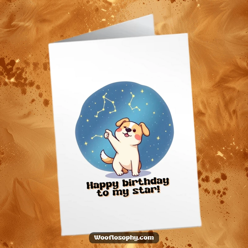 Funny Free Printable Birthday Card: An excited dog pointing at stars in a night sky, celebrating a special occasion with cosmic joy.