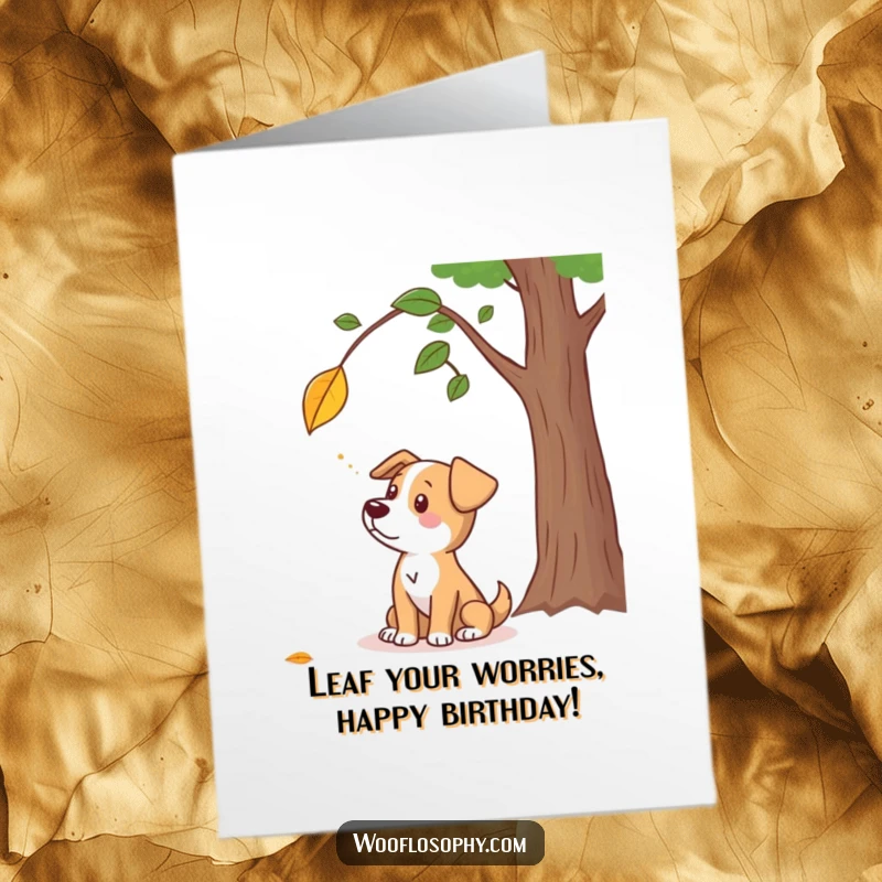 Funny Free Printable birthday card with a dog contemplating a falling leaf, expressing deep thought. Perfect for an autumn-themed celebration.