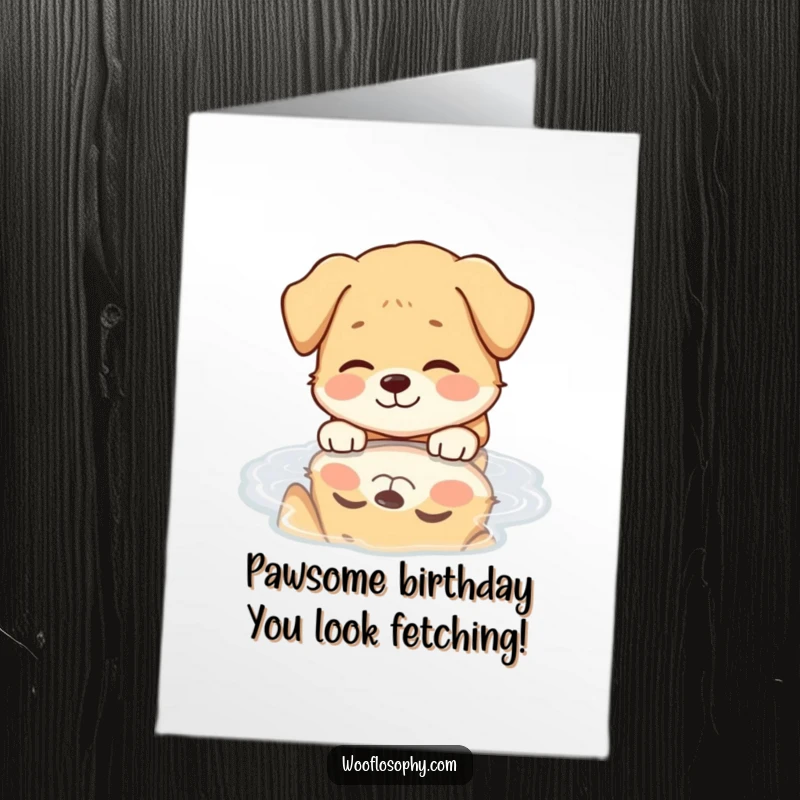 Funny Free Printable Birthday Card: Dog with a serene smile admiring its reflection in a puddle, a delightful DIY gift.