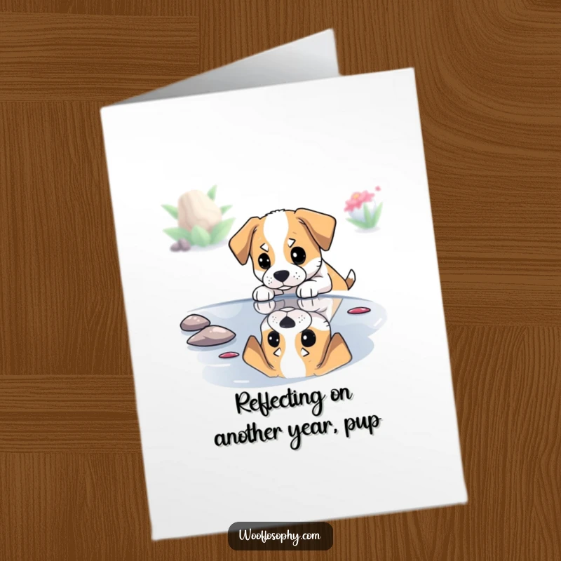 Funny Free Printable birthday card of a dog gazing at its reflection in a pond, looking thoughtful.