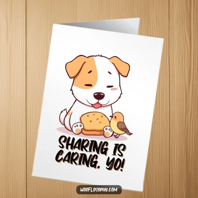 Funny Free Printable dog sharing a tiny bread loaf with a small bird on a birthday card.