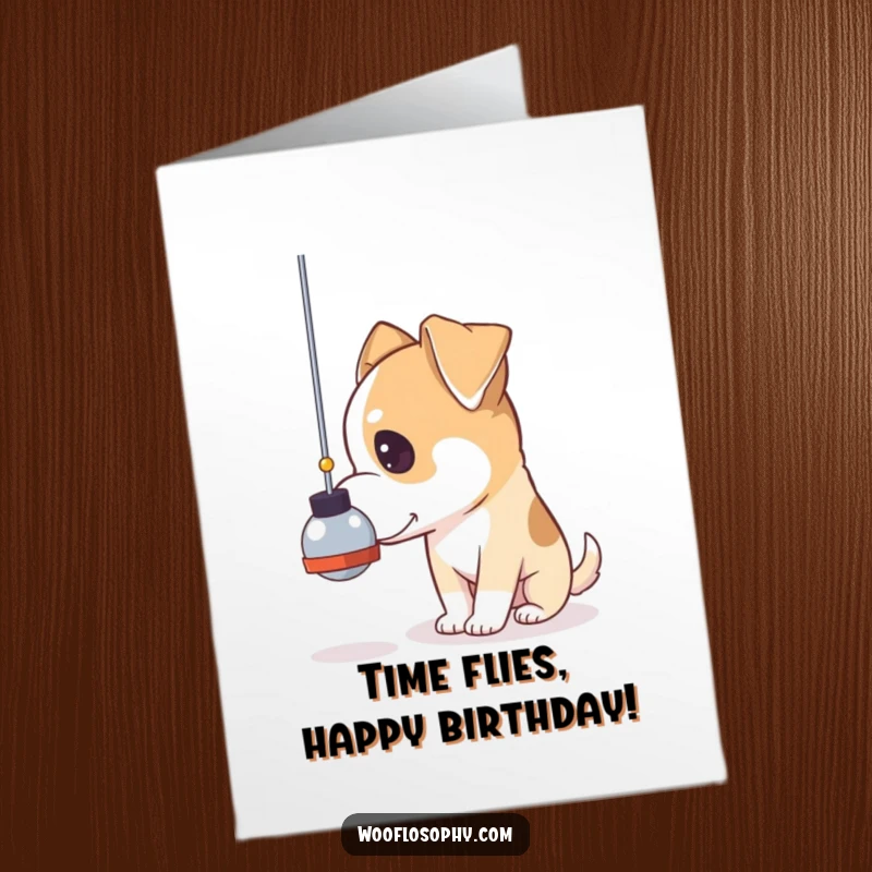 Funny Free Printable Birthday Card: Dog intently watches a pendulum swing back and forth with a thoughtful expression.