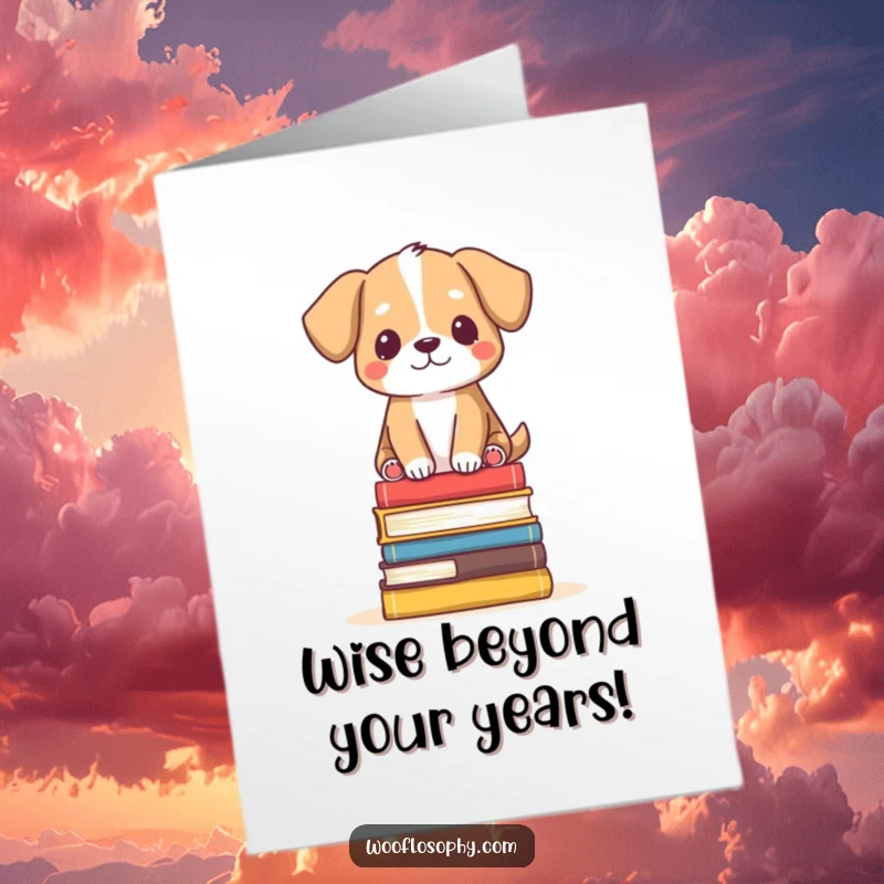 Funny Free Printable Birthday Card: A dog balanced serenely on a stack of books, a downloadable gift.