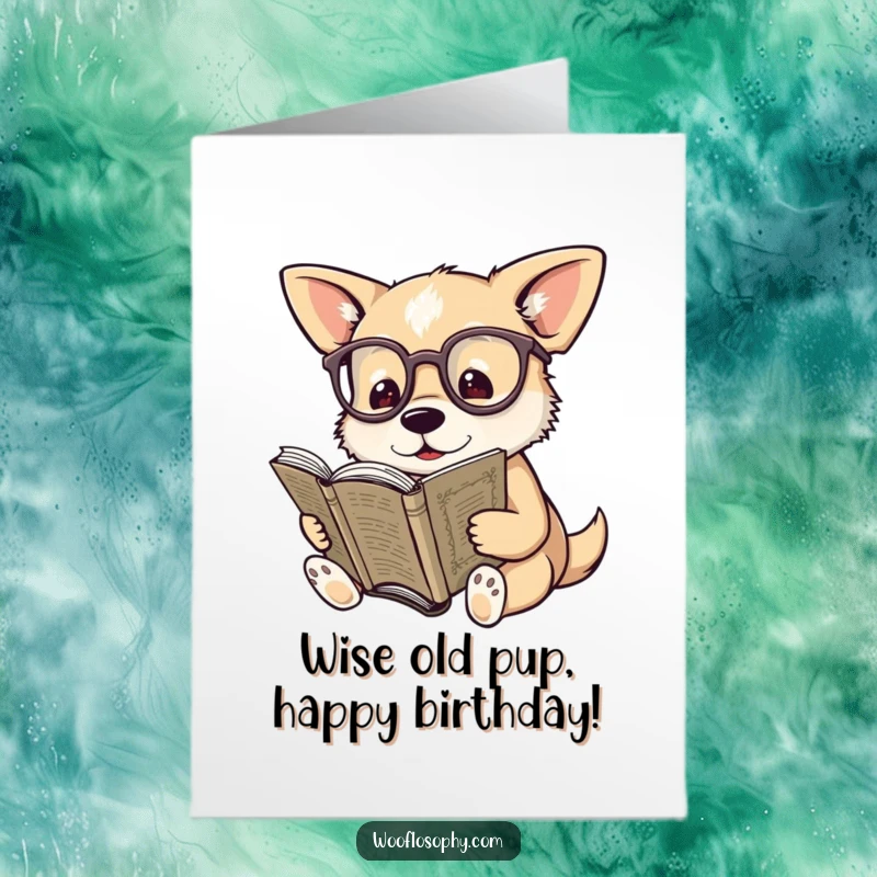 Funny Free Printable Birthday Card: Dog wearing spectacles reads a very old book, looking wise for a downloadable gift.