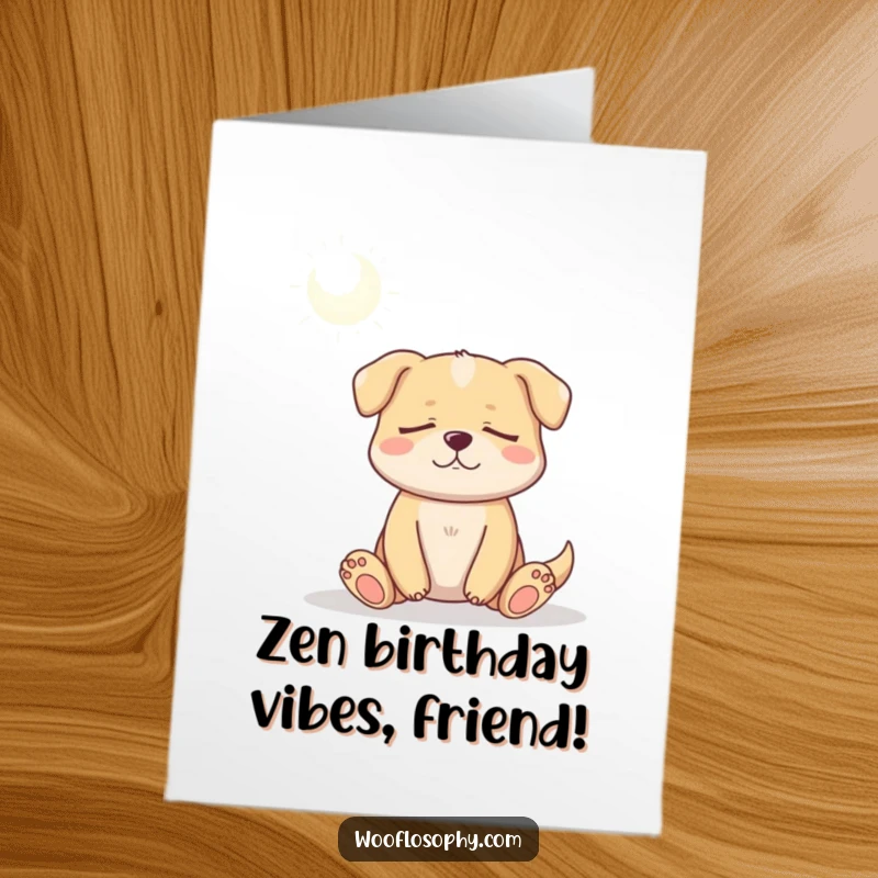 Funny Free Printable Birthday Card: A serene dog meditates under a sunbeam, wishing you a peaceful birthday.