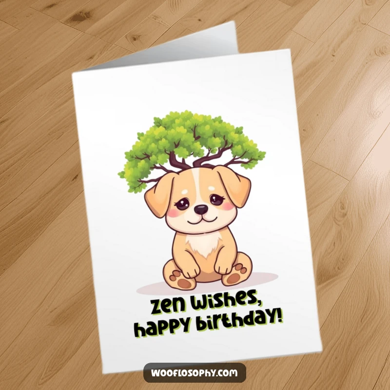 Funny free printable birthday card: A dog meditates peacefully under a miniature tree with serene, closed eyes.