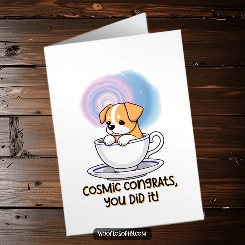 Funny Free Printable Congrats Card: Dog gazes into a teacup containing a swirling galaxy, symbolizing vast possibilities.