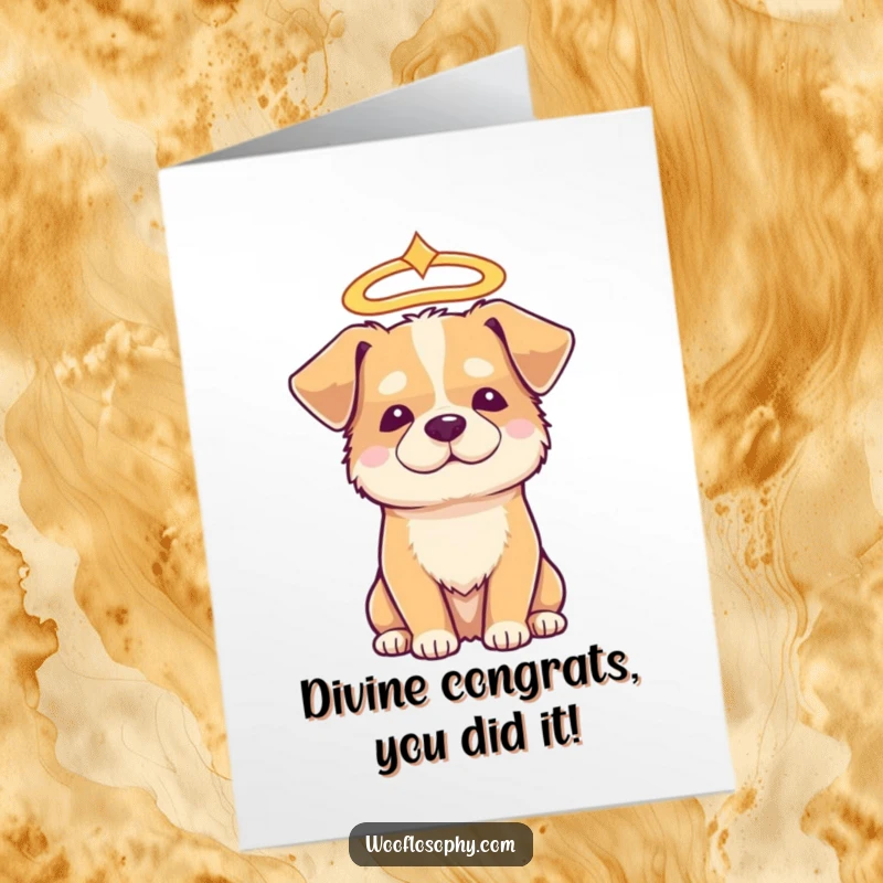 Funny Free Printable Congrats Card: Serene dog with a halo beams with wisdom, celebrating a pure accomplishment.