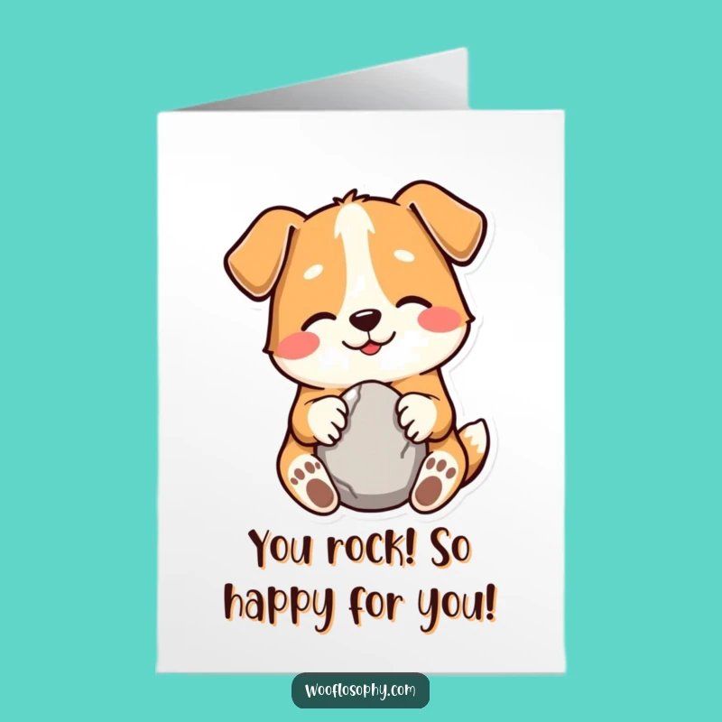 Free Printable Congrats Card: Dog Celebrates Success with a Smooth Stone - Downloadable Gift