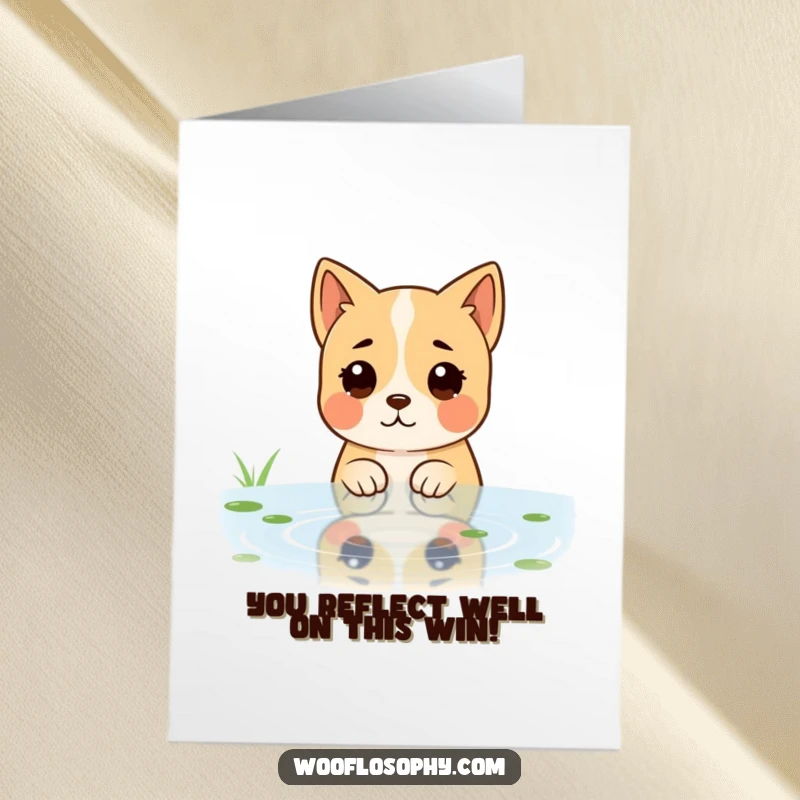 Funny free printable congratulations card: A dog contemplates the ripples on a pond, reflecting on its success.