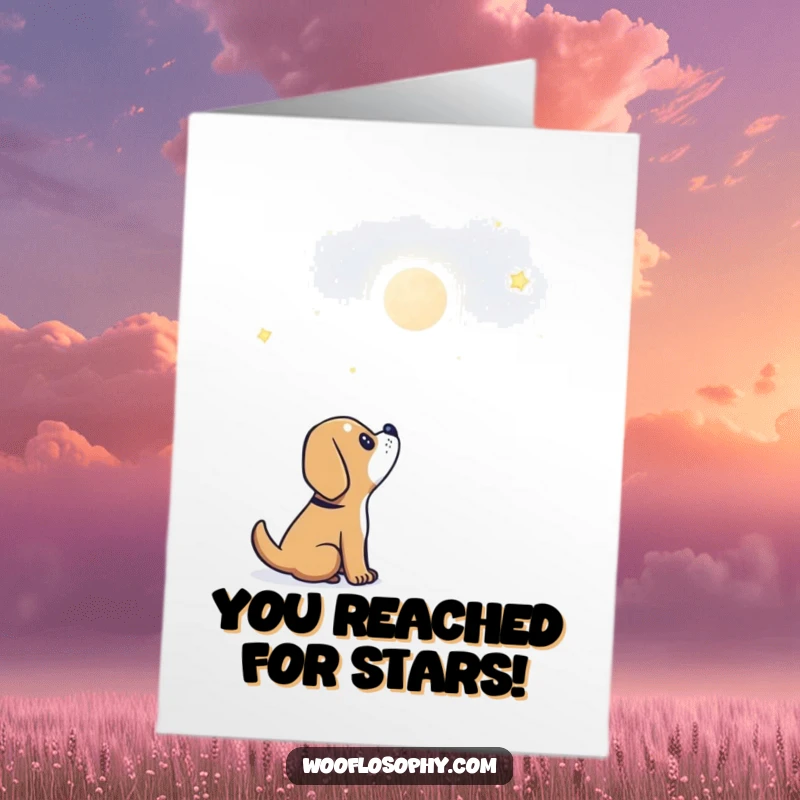 Funny Free Printable Congratulations Card: Dog looking up at a shining star, symbolizing reaching goals, great for achievements.