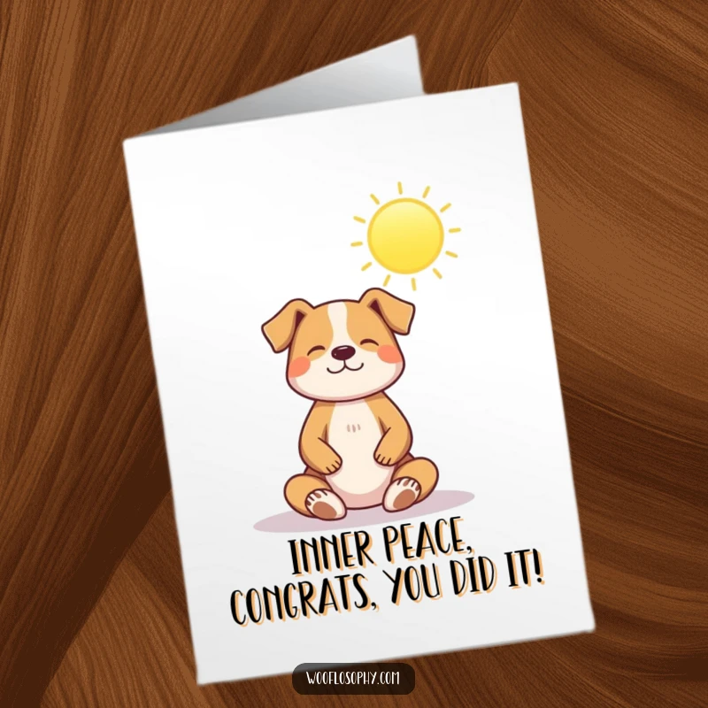 Funny Free Printable Congratulations Card: A dog sits in peaceful meditation beneath a radiant sun, embodying inner peace.