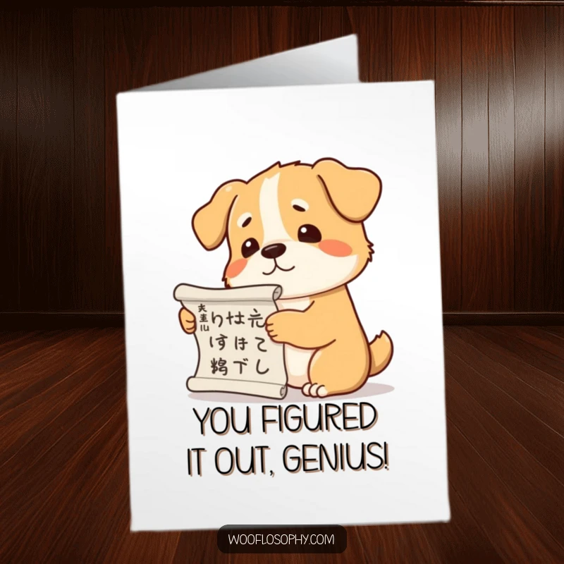 Funny Free Printable Congratulations Card: A dog looking wise with a scroll, celebrating a clever achievement.