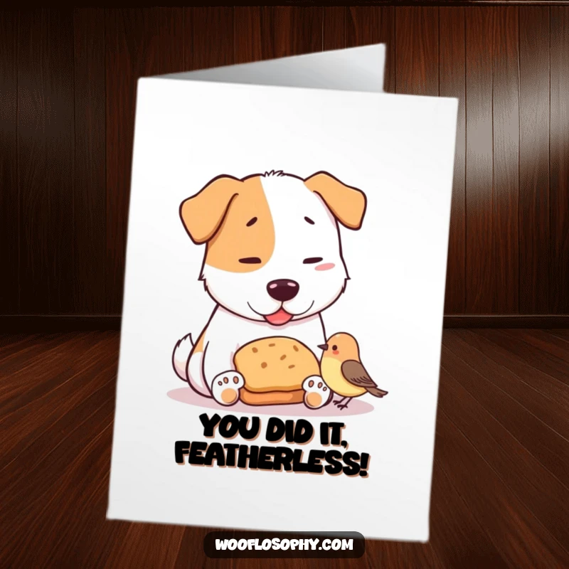 Funny Free Printable dog shares bread with a bird on a congratulations card, celebrating a success.