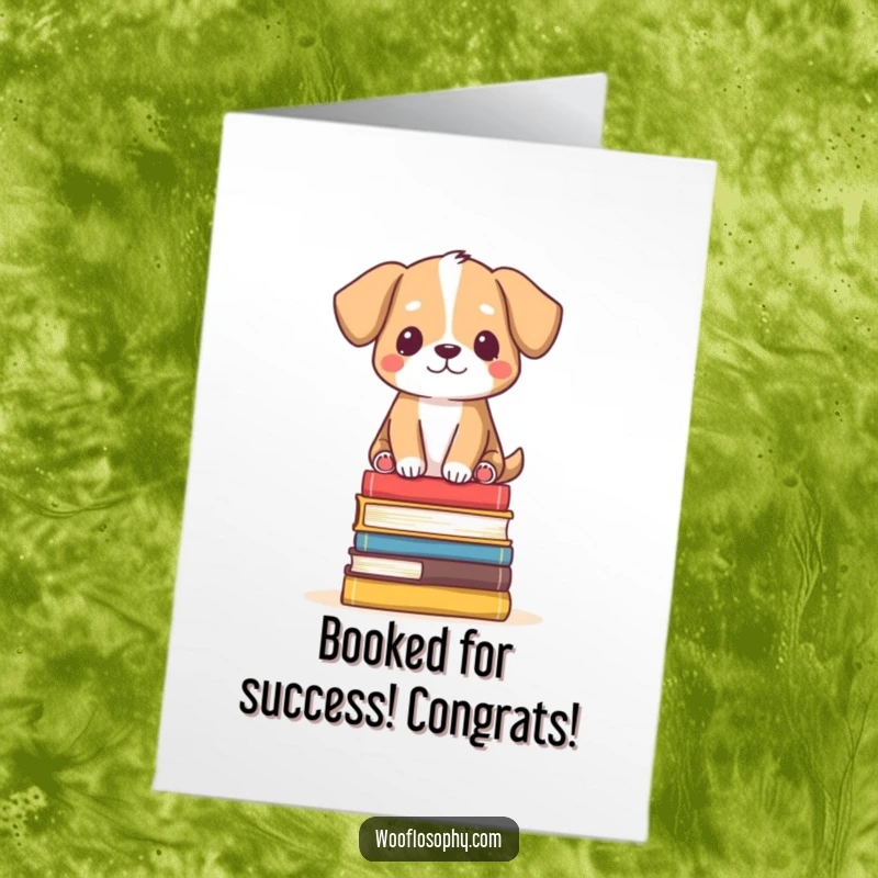 Funny Free Printable Congratulations Card: A serene dog balanced on a stack of books, a downloadable gift.