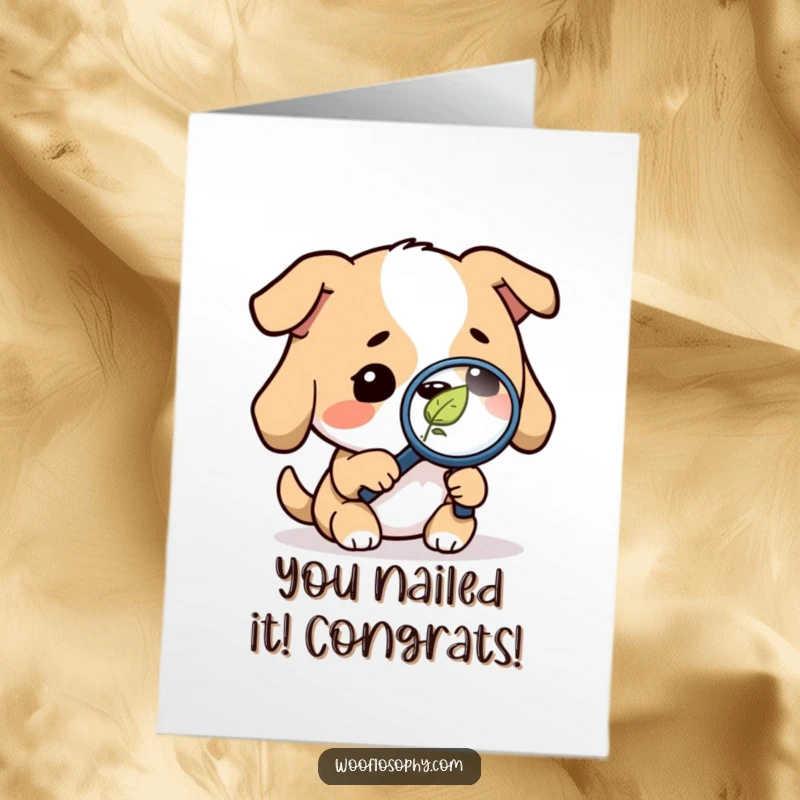 Free Printable Congratulations Card: A dog using a magnifying glass to inspect a falling leaf, celebrating attention to detail humorously.