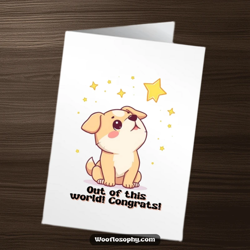 Funny Free Printable Congratulations Card: Dog gazing at stars with wonder, celebrating achievements with humorous cosmic awe.