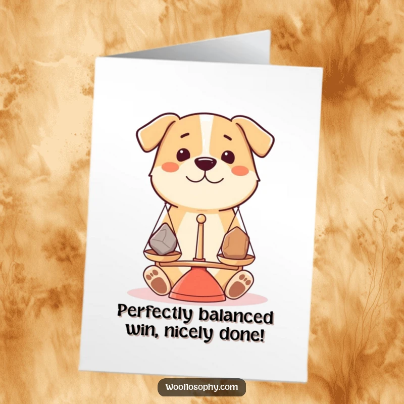Funny Free Printable Congrats Card: A dog holding a small balance scale, weighing two different stones, signifying a good choice.