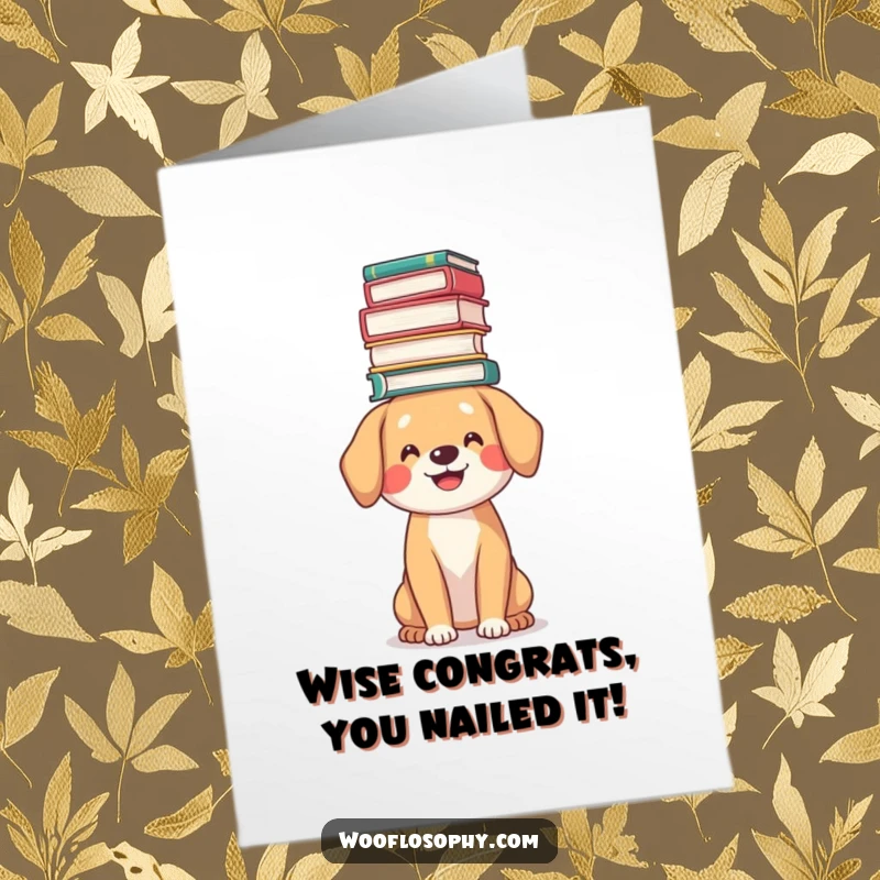 Funny Free Printable Congrats Card: Dog beams proudly while balancing an impressive stack of books on its head.