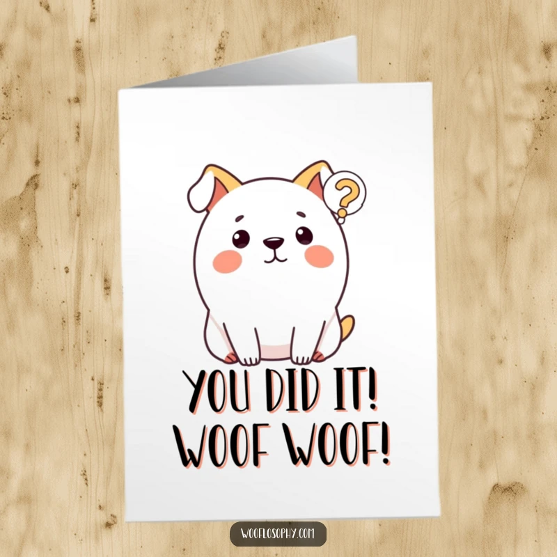 Funny Free Printable Congratulations Card: Round dog pondering success, floating question mark above head, great for achievements.